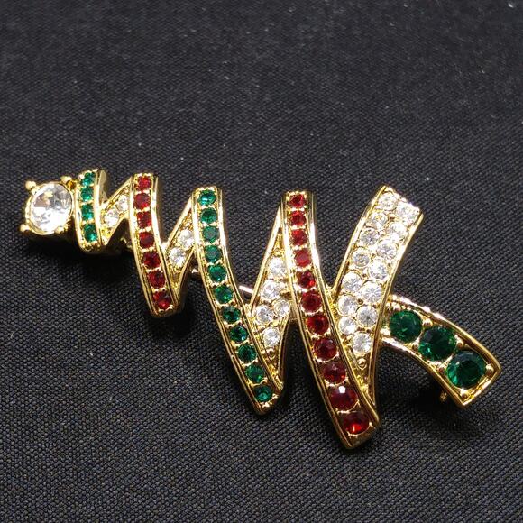 Monet Rhinestone Vintage Christmas Tree Brooch, Gold Plated Pin - Picture 8 of 8